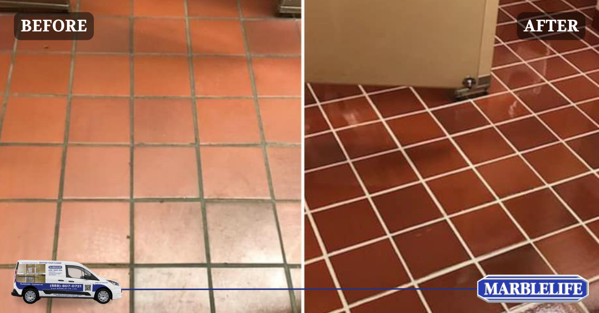 The image depicts the before and after of a floor where grouts are restored and sealed by MARBLELIFE experts.
