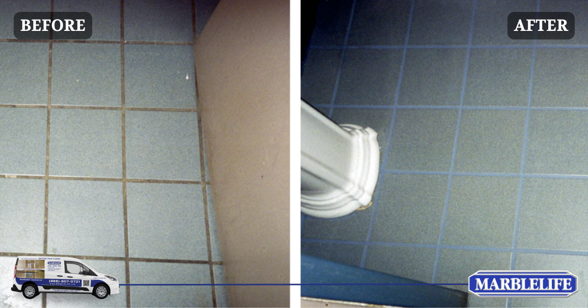 The image shows the before and after visuals of a marble treated for Sealing process by MARBLELIFE Experts