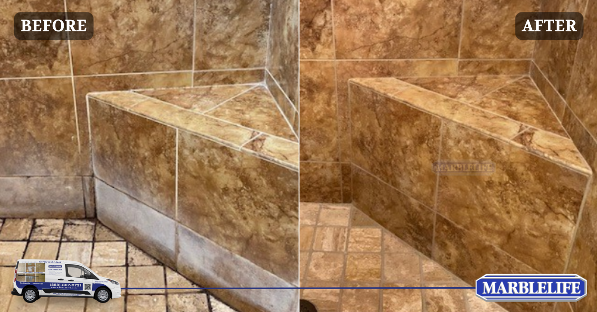 The image represent the transformation of a mold and soap scum affected bathroom. The bathroom has been treated with MARBLELIFE® Soap Scum Remover and MARBLELIFE Mold & Mildew Stain remover.