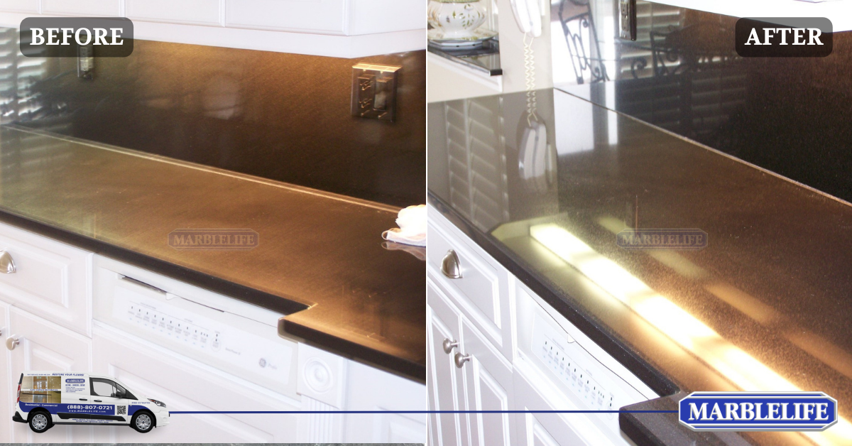 The image displays before and after condition of a Granite countertop treated by MARBLELIFE Experts. 