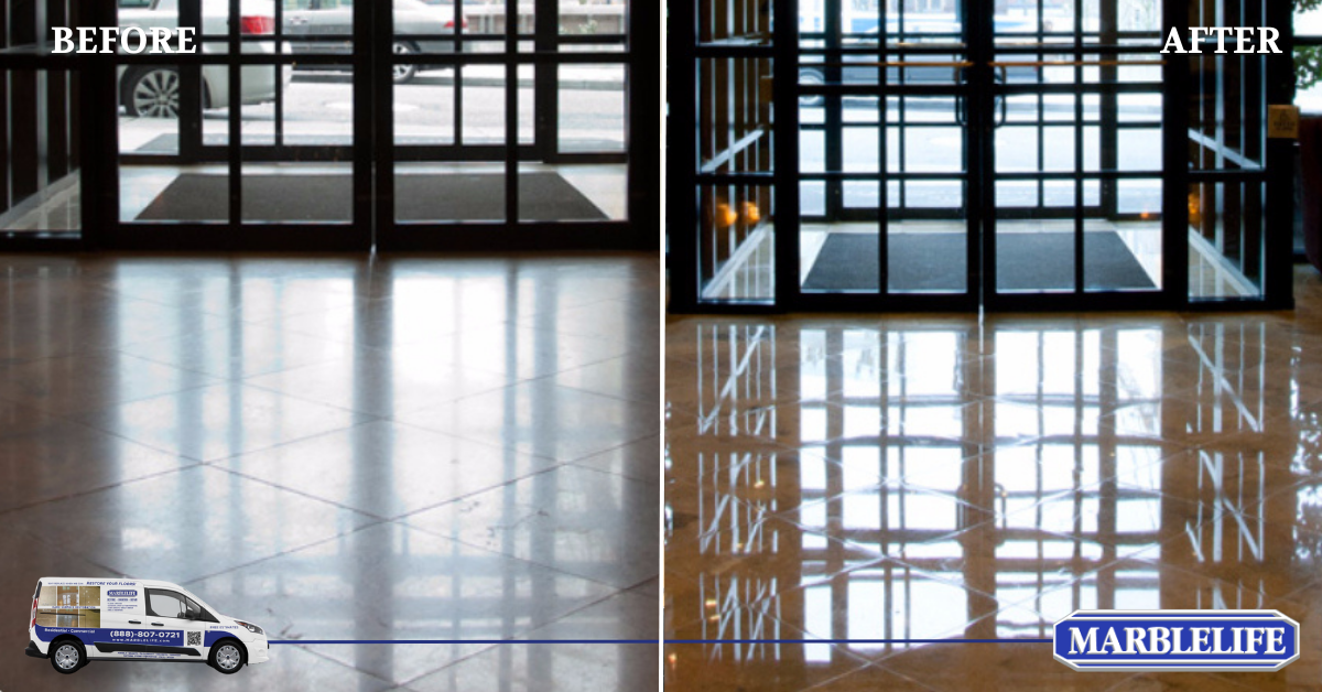 This image shows the "before and after" of a business floor restored by MARBLELIFE Experts.