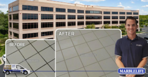The images shows the before and after image of a building surface serviced by MARBLELIFE Experts.