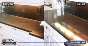 The image displays before and after condition of a Granite countertop treated by MARBLELIFE Experts.
