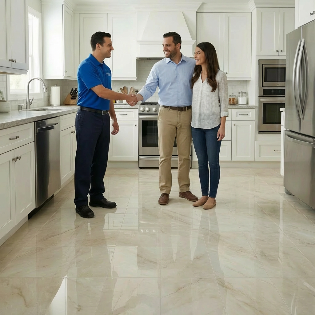 A Happy couple thankful to the marblelife technician for helping them with their kitchen floor.