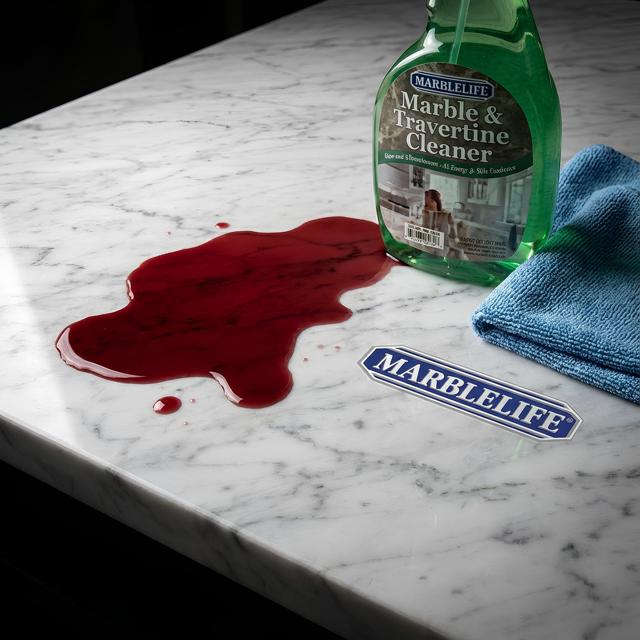 Marblelife Travertine Cleaner next to A Wine Spill on A Marble Counter.