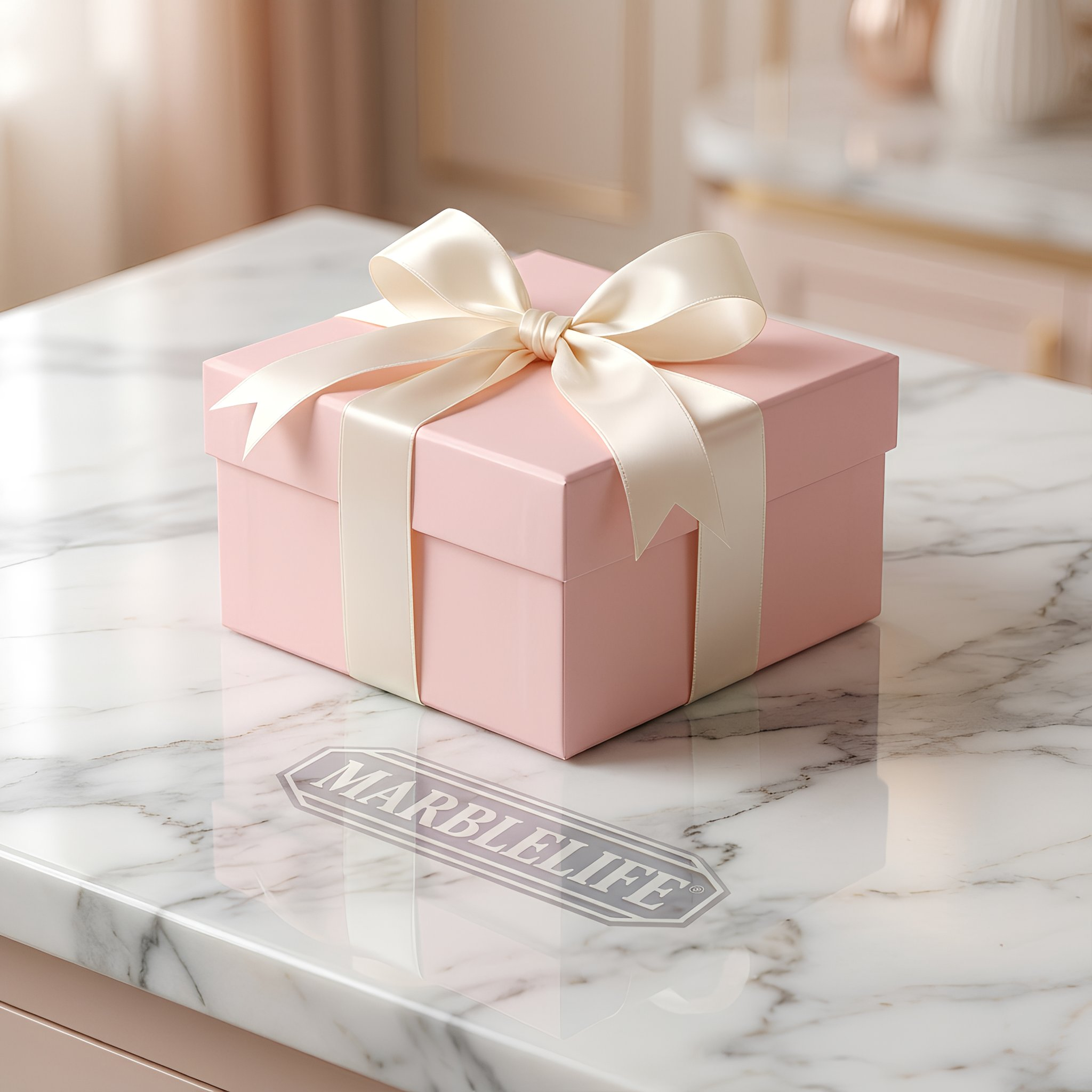 A gift on a marble counter with a light transparent marbleize logo embedded in the counter.