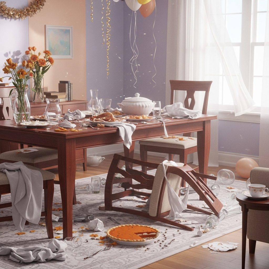 messy dinning roof after Thanksgiving celebration